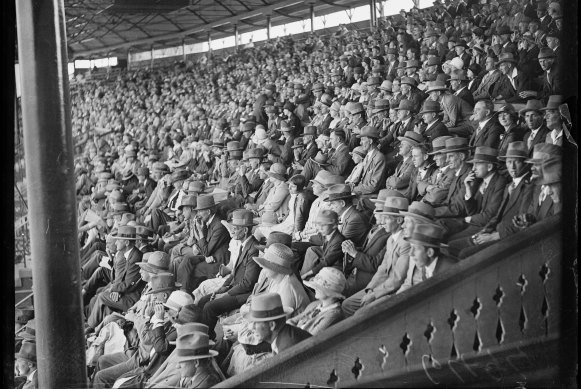Crowds in the stands at the SCG for the NSW-England Test Cricket, November 10, 1928.