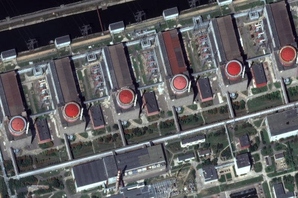 This satellite image provided by Maxar Technologies shows the six reactors of the Zaporizhzhia nuclear plant in Russian occupied Ukraine.