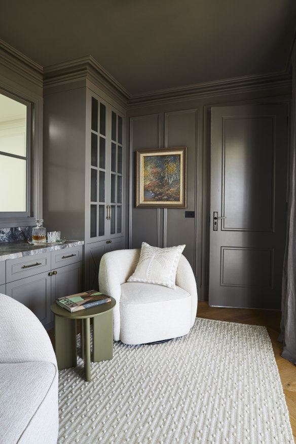 This intimate “whisky room” is the ultimate parents’ retreat, accessed via a secret door in the main bedroom. The Adairs “Avril” chairs swivel to make the most of the Mornington Peninsula views.