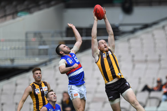 Jarryd Roughead takes one of his seven marks for Box Hill against Footscray. 