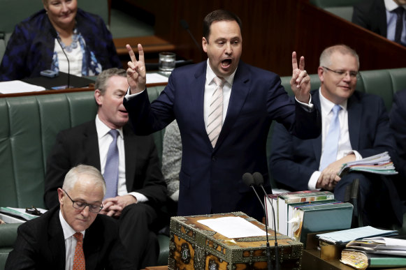 Trade, Tourism and Investment Minister Steven Ciobo gets animated in Question Time.