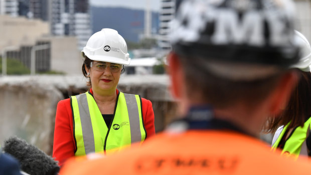 Queensland Premier Annastacia Palaszczuk speaking to reporters on Thursday at the Queen's Wharf construction site.