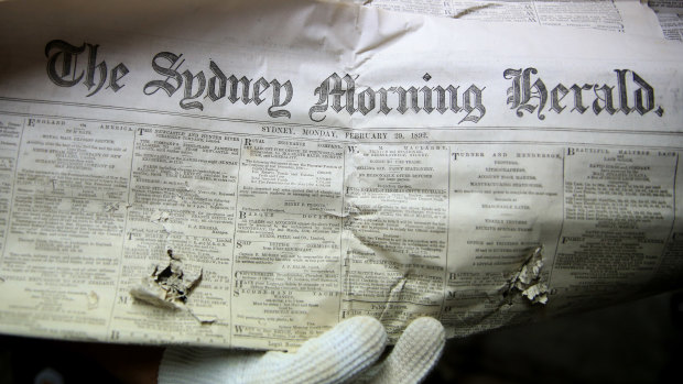 A copy of the Sydney Morning Herald from February 29, 1892 found in the Belmont House time capsule.