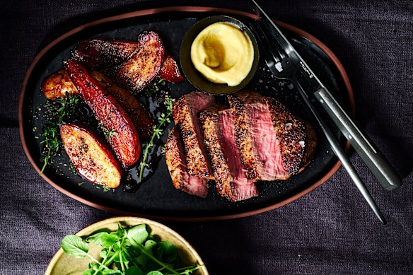 Steaks with red-wine-roasted potatoes and sumac.
