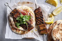 Eggplant shawarma with sumac pickled radishes and tahini.