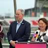 Moreton Bay Mayor Peter Flannery and Softball Australia CEO Sarah Loh at Kayo Stadium on Tuesday.