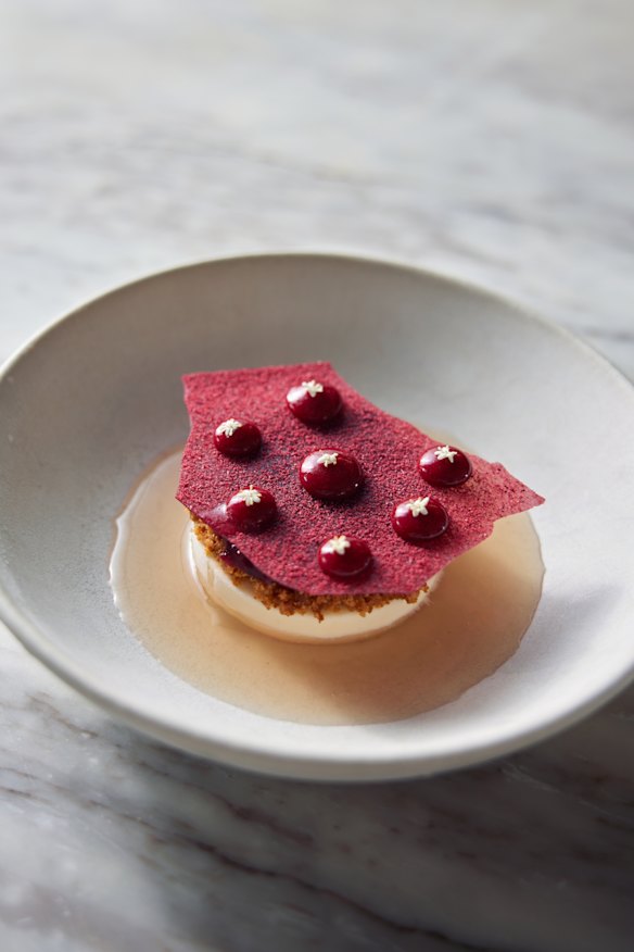 Camembert cheese ice cream, quandong, toasted sandalwood nuts, ginger.