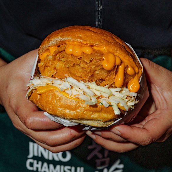 Joy’s original fried chicken burger.