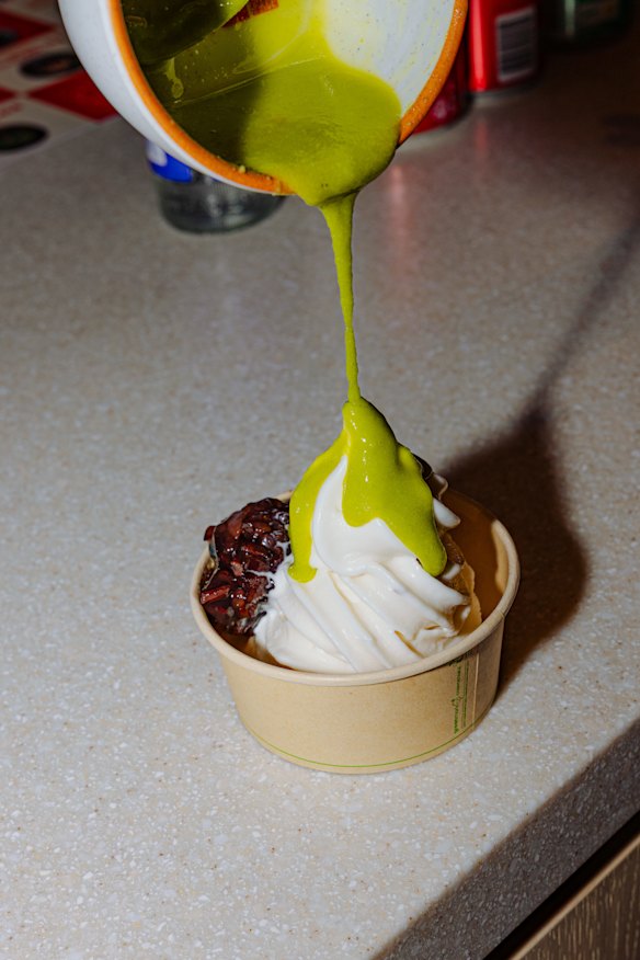 House-made pandan Ice Magic on coconut cream soft-serve with black sticky rice.
