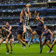 PERTH, AUSTRALIA - MAY 22: Will Hoskin-Elliott of the Magpies attempts a mark during the 2022 AFL Round 10 match between the Fremantle Dockers and the Collingwood Magpies at Optus Stadium on May 22, 2022 in Perth, Australia. (Photo by Daniel Carson/AFL Photos via Getty Images)