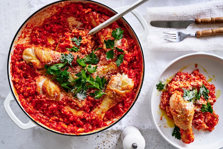 Adam Liaw’s baked chicken and tomato risotto.