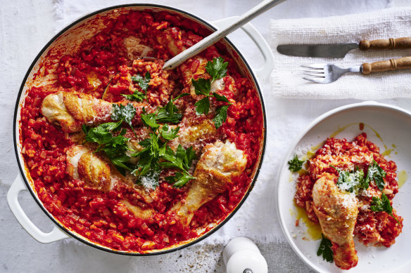 This oven-baked chicken and tomato risotto is a budget-friendly one-pot wonder.