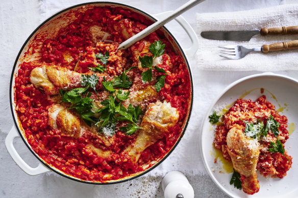 Adam Liaw’s baked chicken and tomato risotto.