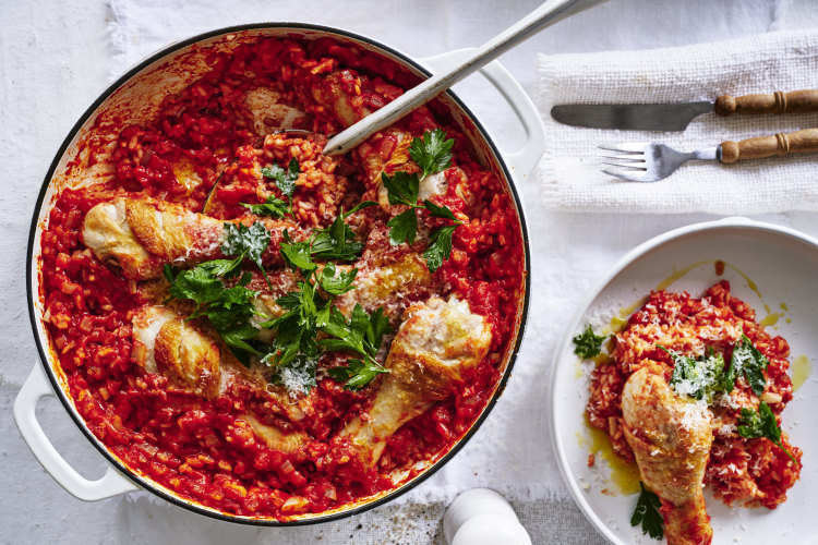 Adam Liaw’s baked chicken and tomato risotto.