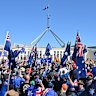 Protesters during the March for Australia anti-immigration rally outside Parliament House in Canberra on August 31.