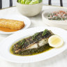 Charcoal barramundi, duck fat potato terrine, cos salad and green beans at Cricca in Windsor.