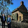 Fred and Alex Grimwade at Cooks’ Cottage in the Fitzroy Gardens. Fred is a descendant of Russell Grimwade who donated the cottage. 