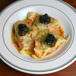 King prawn dumplings with tapioca “caviar”.
