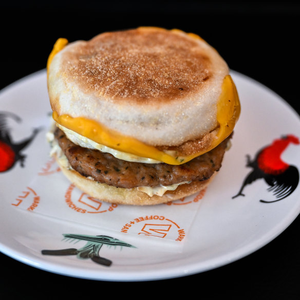 A breakfast muffin with sausage, egg, cheese and “bazzinga” sauce at Warkop in the city.