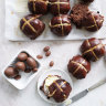 Chocolate hot cross buns with sugar glaze. Styling by Hannah Meppem.