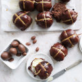 Chocolate hot cross buns with sugar glaze. Styling by Hannah Meppem.