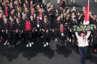 Canadian athletes enter the stadium during the Commo<em></em>nwealth Games opening ceremony.