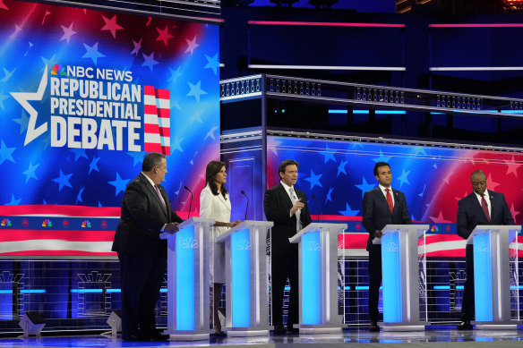 Republican presidential candidates from left, Chris Christie, Nikki Haley, Ron DeSantis, Vivek Ramaswamy and Tim Scott, participated in the debate.