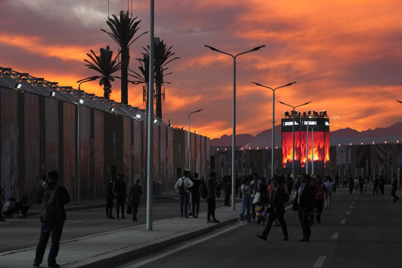 The COP27 UN Climate Summit at sunset in Sharm el-Sheikh, Egypt.