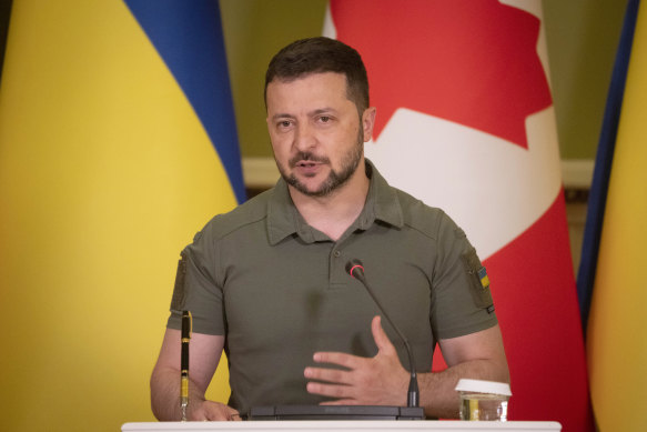 Ukrainian President Volodymyr Zelensky speaks during a joint press conference with Canada’s Prime Minister Justin Trudeau in Kyiv in June.