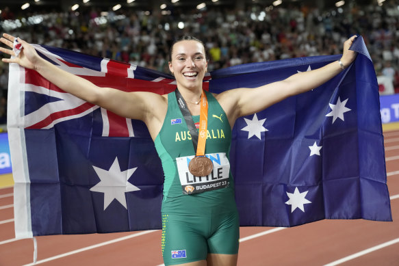 Mackenzie Little celebrating after winning bronze at the World Athletics Championship in Budapest.