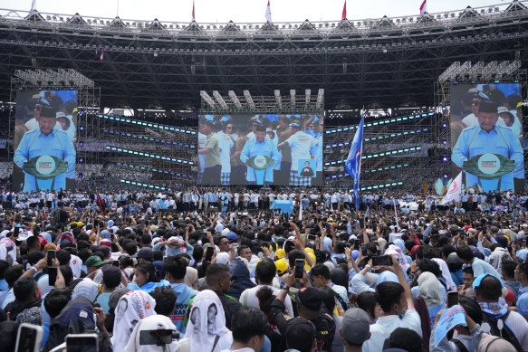 Presidential candidate Prabowo Subianto delivers his speech during his campaign rally at Gelora Bung Karno Main Stadium in Jakarta.