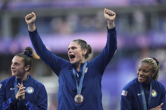The USA’s Ilona Maher celebrates winning a bronze medal.