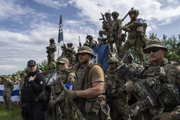 Fighters of Russian Volunteer Corps not far from the border in Sumy region, Ukraine. 