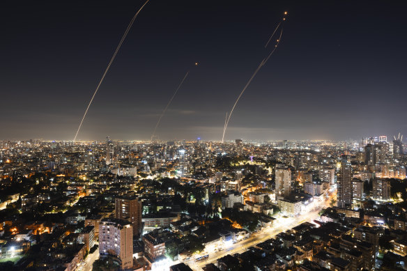Israel’s Iron Dome air defence system intercepts rockets fired from the Gaza Strip.