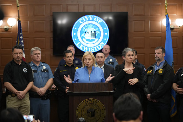 Governor Janet Mills speaks during a news conference in the aftermath of a mass shooting, in Lewiston, Maine,
