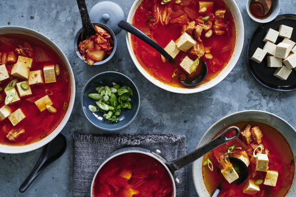 This Korean-inspired soup with tofu cubes is almost a stew.