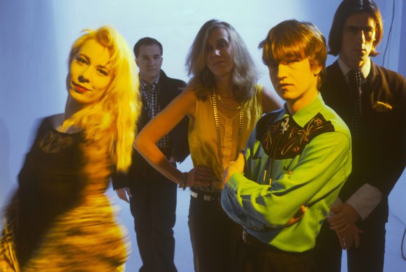 The Go-Betweens with Brown (left) and Grant McLennan, Lindy Morrison, Robert Vickers and Robert Forster.