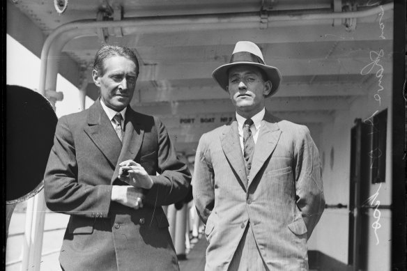 Captain Leslie Shaw (left) is the youngest known Anzac, having enlisted at just thirteen years old. He is pictured here on a ship with New Guinea goldfields medical officer Dr Ian Dickson in 1928.