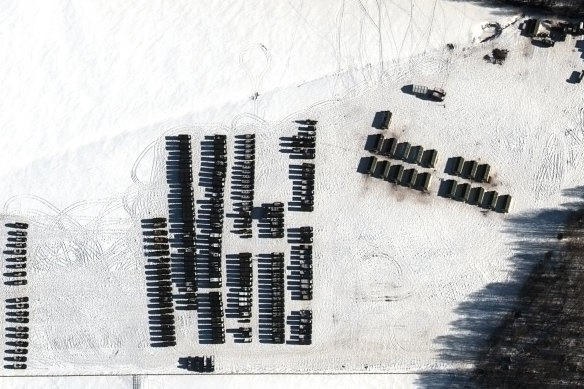 A satellite image shows troops and logistics material support units, near Yelsk, Belarus, at the weekend.