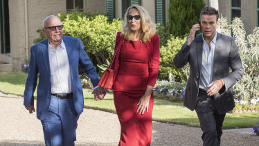 Here come the Murdochs: Rupert, Jerry Hall and Lachlan Murdoch at  Kirribilli House in December for drinks with the Prime Minister.