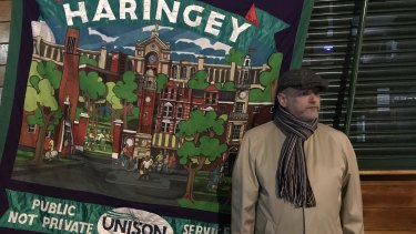 Gerard McGrath protesting plans by Lendlease to participate in a redevelopment in North London