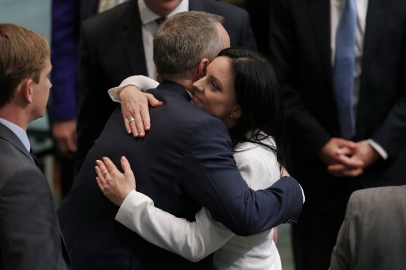 Ms Husar hugs Bill Shorten after her first parliamentary speech in 2016.