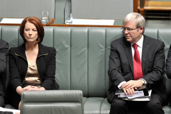 Awkward post-coup body language between then PM Julia Gillard and foreign minister Kevin Rudd, in October 2010.