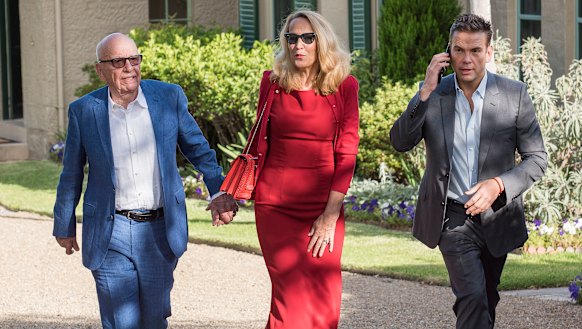 Here come the Murdochs: Rupert, Jerry Hall and Lachlan Murdoch at  Kirribilli House in December for drinks with the Prime Minister.