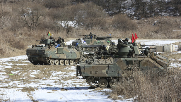 South Korean army vehicles undertake a military exercise near the North Korean border.