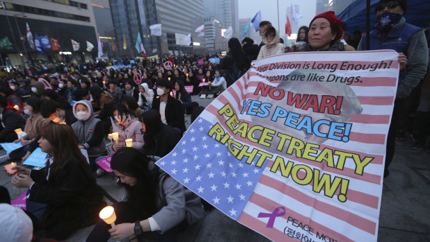 Protesters demanding peace on the Korean Peninsula near the US Embassy in Seoul, South Korea, on Saturday.