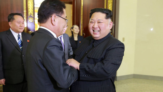  North Korean leader Kim Jong-un meets South Korean National Security Director Chung Eui-yong in Pyongyang, North Korea.