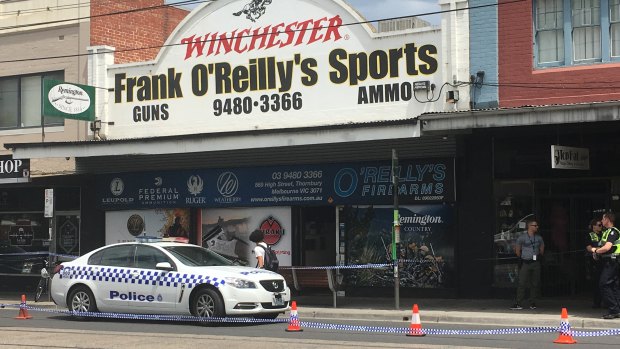 Handguns were stolen in an armed robbery at this Thornbury gun store last week.