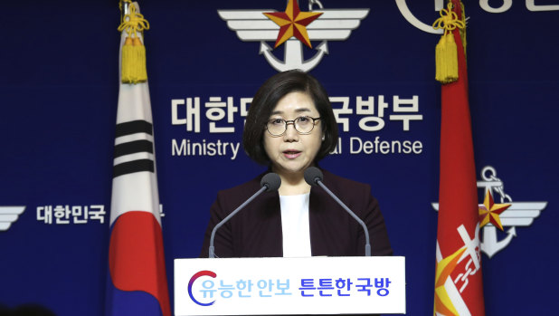 South Korean Defence Ministry's spokeswoman Choi Hyun-soo speaks during a press briefing at the Defence Ministry in Seoul on Tuesday, March 20.