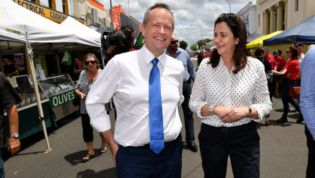 Bill Shorten campaigns with Premier Annastacia Palaszczuk in Maryborough last week - but he will miss the official Labor launch.